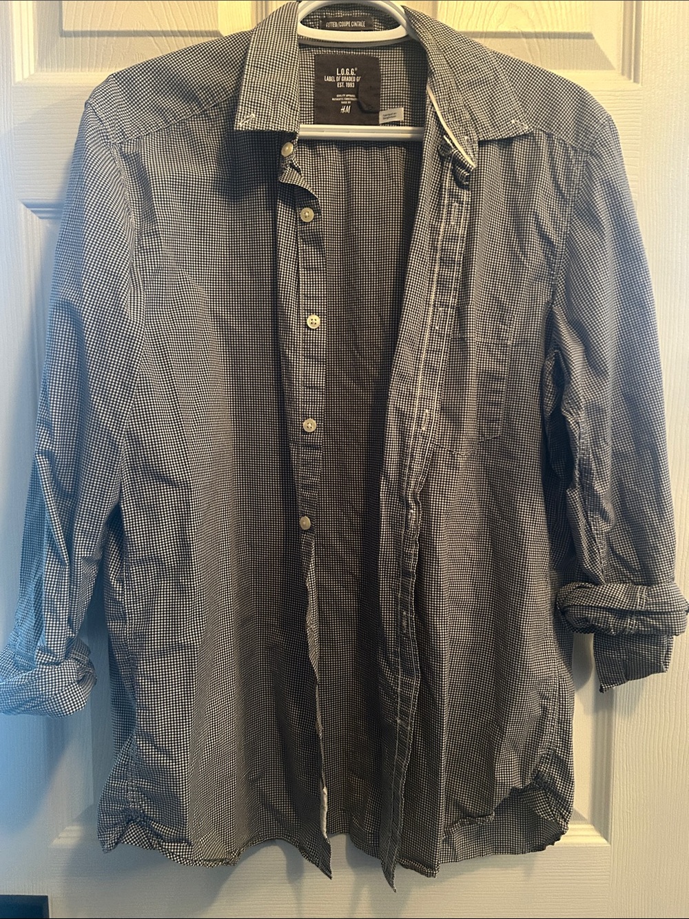 H&M Men’s Navy and White Micro-Check Button-Down Shirt